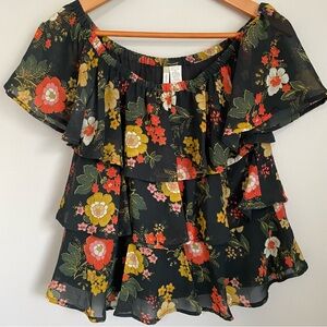 Japna Black Floral Off-Shoulder Ruffle Blouse